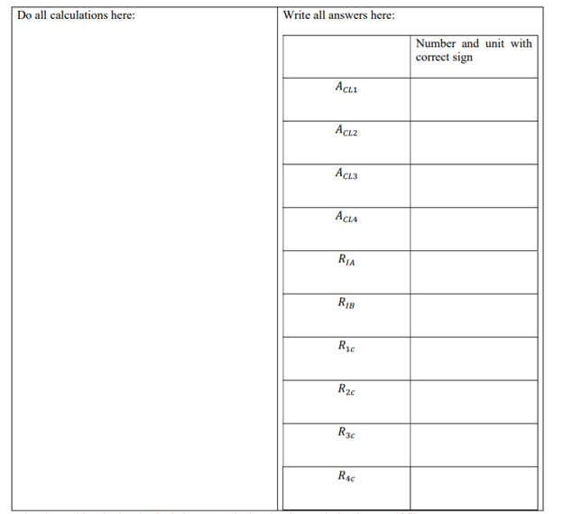 Write all answers here:
Do all calculations here:
Number and unit with
correct sign
AcLı
Acı2
ACL3
ACLA
R1A
R2c
R3c
R4c
