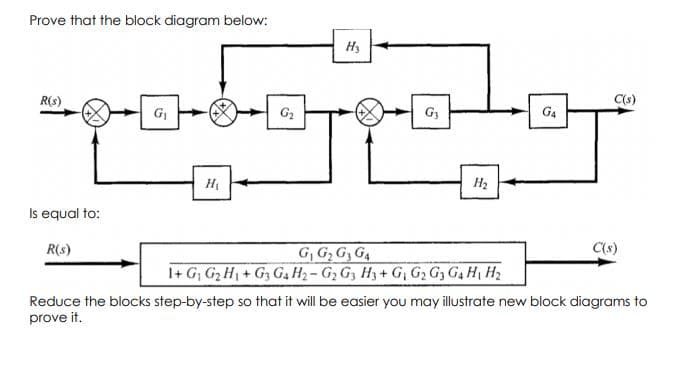 Prove that the block diagram below:
H3
R(s)
C(s)
G,
G2
G3
GA
H2
Is equal to:
C(s)
G, G, G, G4
1+ G; G2 H1 + G, G, H2 - G, G3 H3 + G G2 G3 G4 H H2
Reduce the blocks step-by-step so that it will be easier you may illustrate new block diagrams to
R(s)
prove it.
