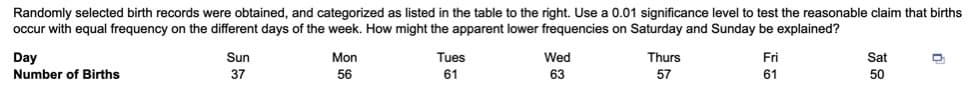 Randomly selected birth records were obtained, and categorized as listed in the table to the right. Use a 0.01 significance level to test the reasonable claim that births
occur with equal frequency on the different days of the week. How might the apparent lower frequencies on Saturday and Sunday be explained?
Day
Sun
Mon
Tues
Wed
Thurs
Fri
Sat
Number of Births
37
56
61
63
57
61
50
