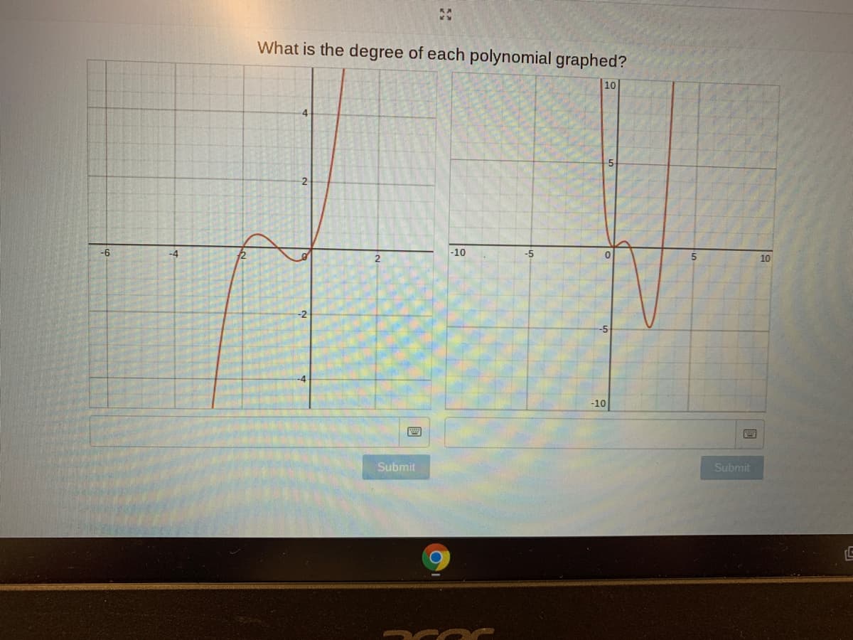 What is the degree of each polynomial graphed?
10
4
-6
-4
-10
-5
2
10
-10
Submit
Submit
