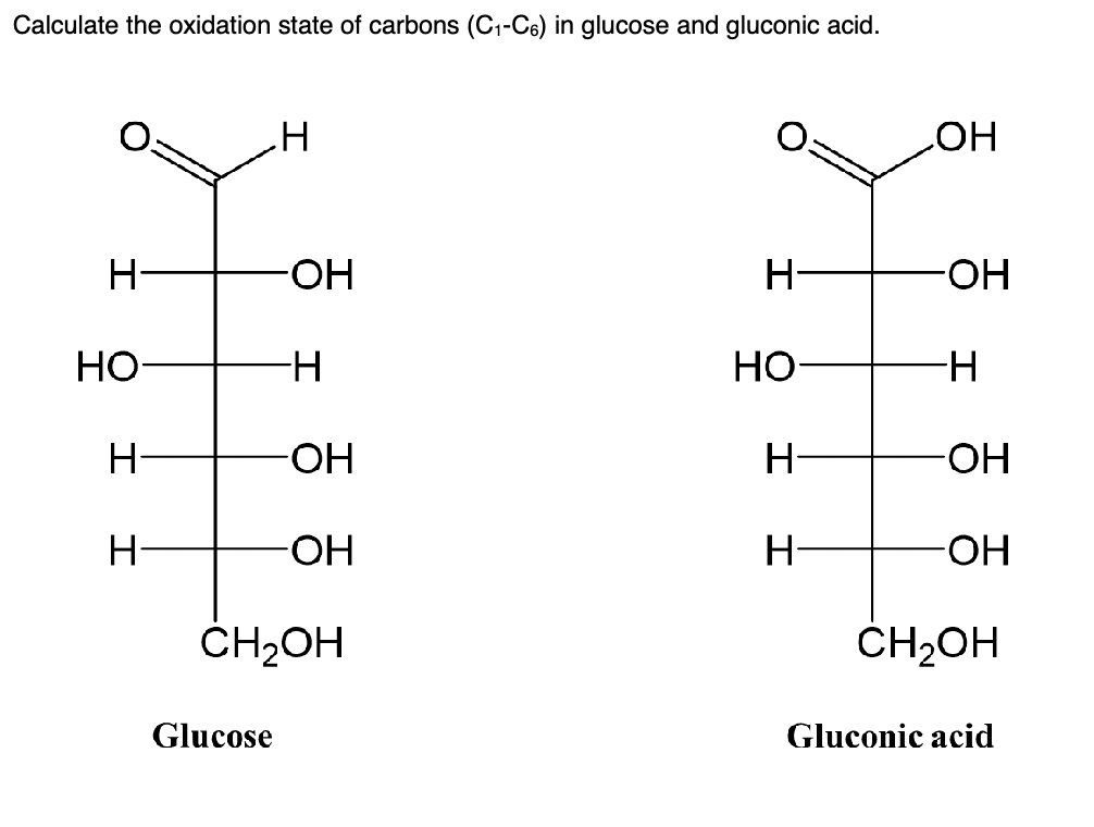 Calculate the oxidation state of carbons (C1-Cs) in glucose and gluconic acid.
-H
НО
Н
Н
.H
-ОН
Glucose
-H
-ОН
-ОН
CH2OH
-H
HO
Н
H
ОН
-OH
-H
-ОН
-ОН
CH₂OH
Gluconic acid