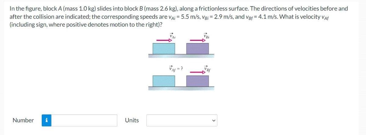 In the figure, block A (mass 1.0 kg) slides into block B (mass 2.6 kg), along a frictionless surface. The directions of velocities before and
after the collision are indicated; the corresponding speeds are VAi = 5.5 m/s, VB¡ = 2.9 m/s, and VBf = 4.1 m/s. What is velocity Vaf
(including sign, where positive denotes motion to the right)?
Number
i
Units
VAI