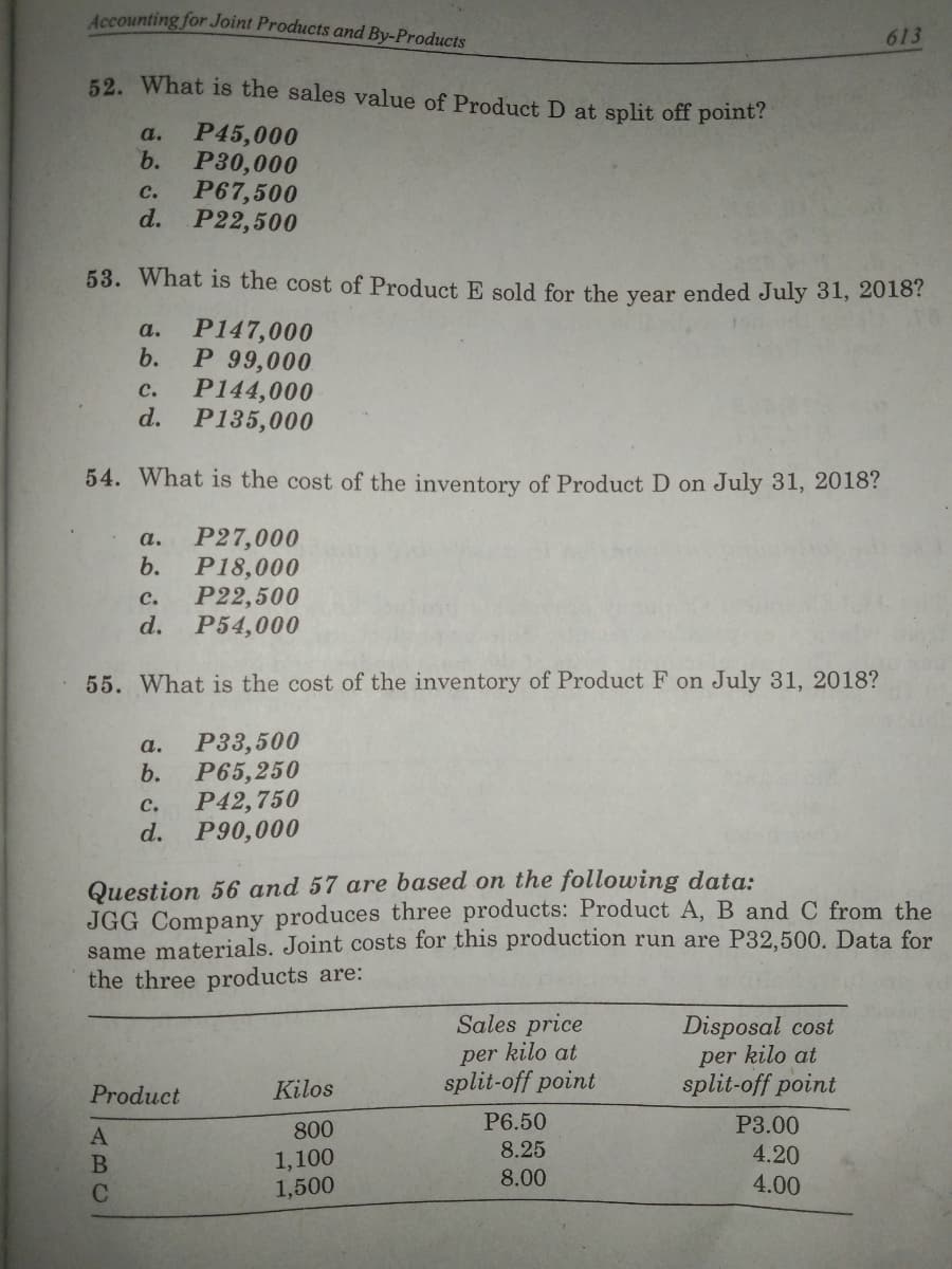 Accounting for Joint Products and By-Products
613
52. What is the sales value of Product D at split off point?
P45,000
b.
a.
P30,000
P67,500
d. P22,500
c.
53. What is the cost of Product E sold for the vear ended July 31, 2018?
P147,000
b.
а.
P 99,000
P144,000
d. P135,000
с.
54. What is the cost of the inventory of Product D on July 31, 2018?
P27,000
b.
а.
P18,000
P22,500
d.
с.
P54,000
55. What is the cost of the inventory of Product F on July 31, 2018?
P33,500
P65,250
P42,750
P90,000
a.
b.
с.
d.
Question 56 and 57 are based on the following data:
JGG Company produces three products: Product A, B and C from the
same materials. Joint costs for this production run are P32,500. Data for
the three products are:
Sales price
per kilo at
split-off point
Disposal cost
per kilo at
split-off point
Product
Kilos
800
P6.50
P3.00
A
8.25
1,100
1,500
4.20
4.00
8.00
