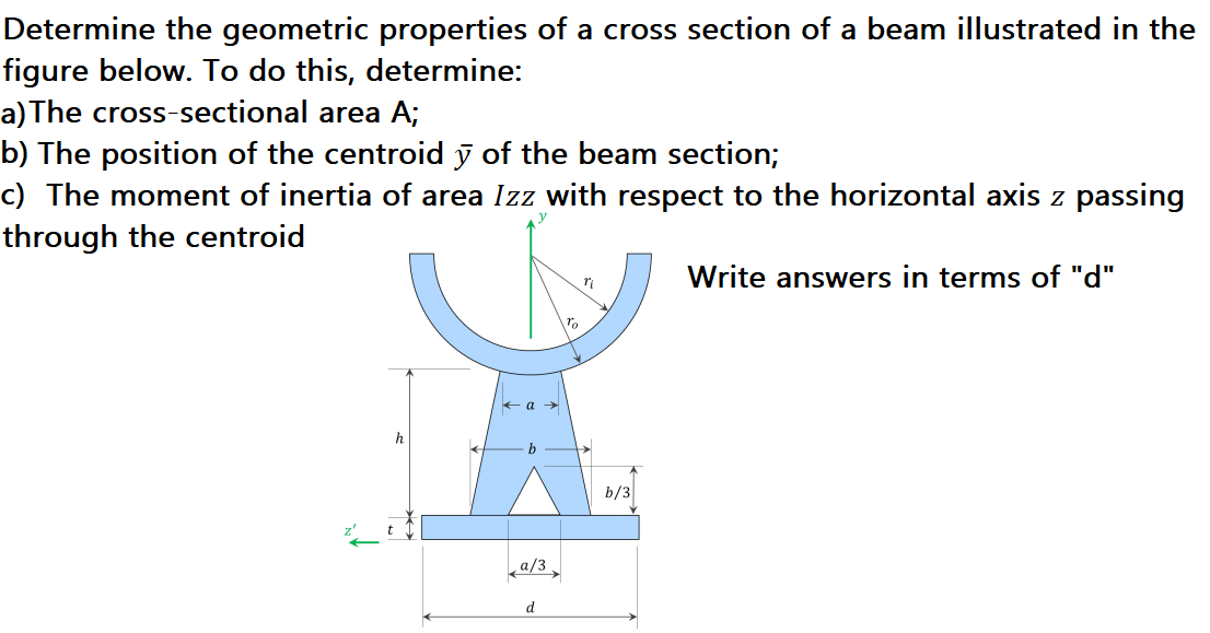 Determine the geometric properties of a cross section of a beam illustrated in the
figure below. To do this, determine:
a)The cross-sectional area A;
b) The position of the centroid y of the beam section;
c) The moment of inertia of area Izz with respect to the horizontal axis z passing
through the centroid
Write answers in terms of "d"
h
b/3
a/3
d
