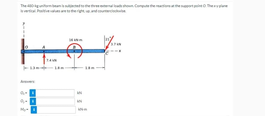 The 480-kg uniform beam is subjected to the three external loads shown. Compute the reactions at the support point O. Thex-y plane
is vertical. Positive values are to the right, up, and counterclockwise.
16 kN-m
3.7 KN
0
B
7.4 kN
1.3 m- 1.8 m
Answers:
Ox-
Oy -
Mo-
333
kN
kN
1.8 m
kN-m