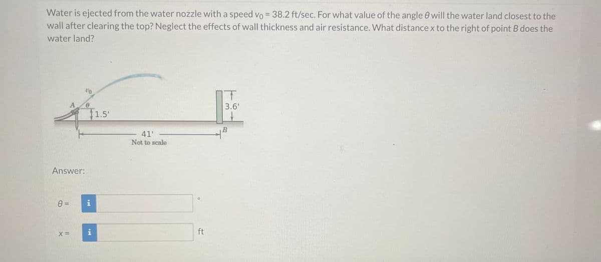 Water is ejected from the water nozzle with a speed vo= 38.2 ft/sec. For what value of the angle 8 will the water land closest to the
wall after clearing the top? Neglect the effects of wall thickness and air resistance. What distance x to the right of point B does the
water land?
0 =
10
Answer:
X =
0
$1.5'
i
i
41'
Not to scale
ft
F
3.6'
B