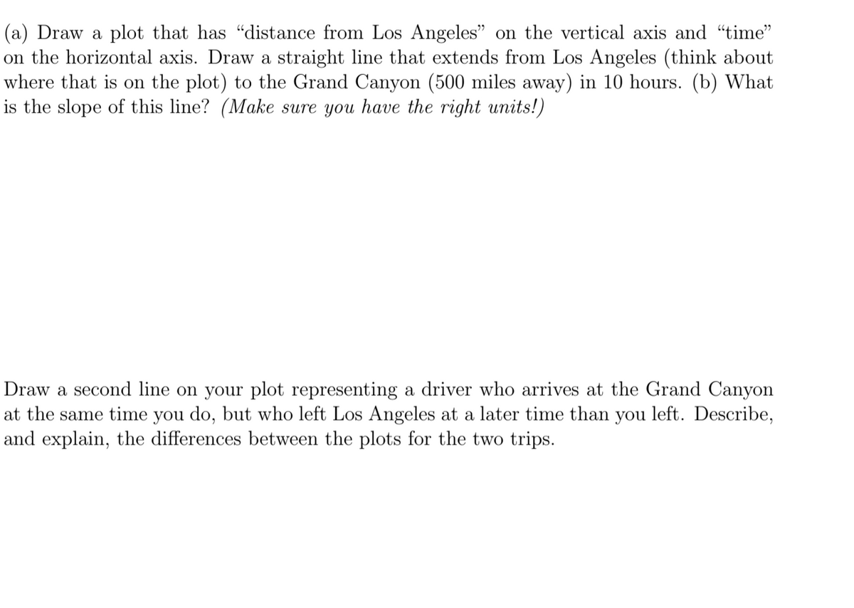 (a) Draw a plot that has "distance from Los Angeles" on the vertical axis and "time"
on the horizontal axis. Draw a straight line that extends from Los Angeles (think about
where that is on the plot) to the Grand Canyon (500 miles away) in 10 hours. (b) What
is the slope of this line? (Make sure you have the right units!)
Draw a second line on your plot representing a driver who arrives at the Grand Canyon
at the same time you do, but who left Los Angeles at a later time than you left. Describe,
and explain, the differences between the plots for the two trips.
