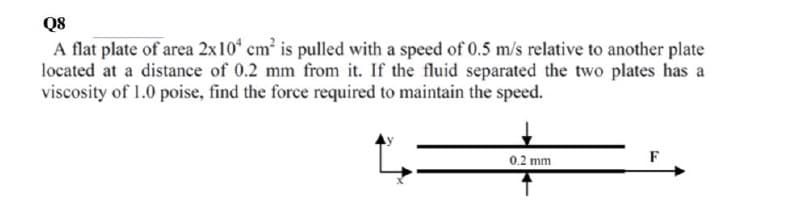 Q8
A flat plate of area 2x10 cm is pulled with a speed of 0.5 m/s relative to another plate
located at a distance of 0.2 mm from it. If the fluid separated the two plates has a
viscosity of 1.0 poise, find the force required to maintain the speed.
0.2 mm
