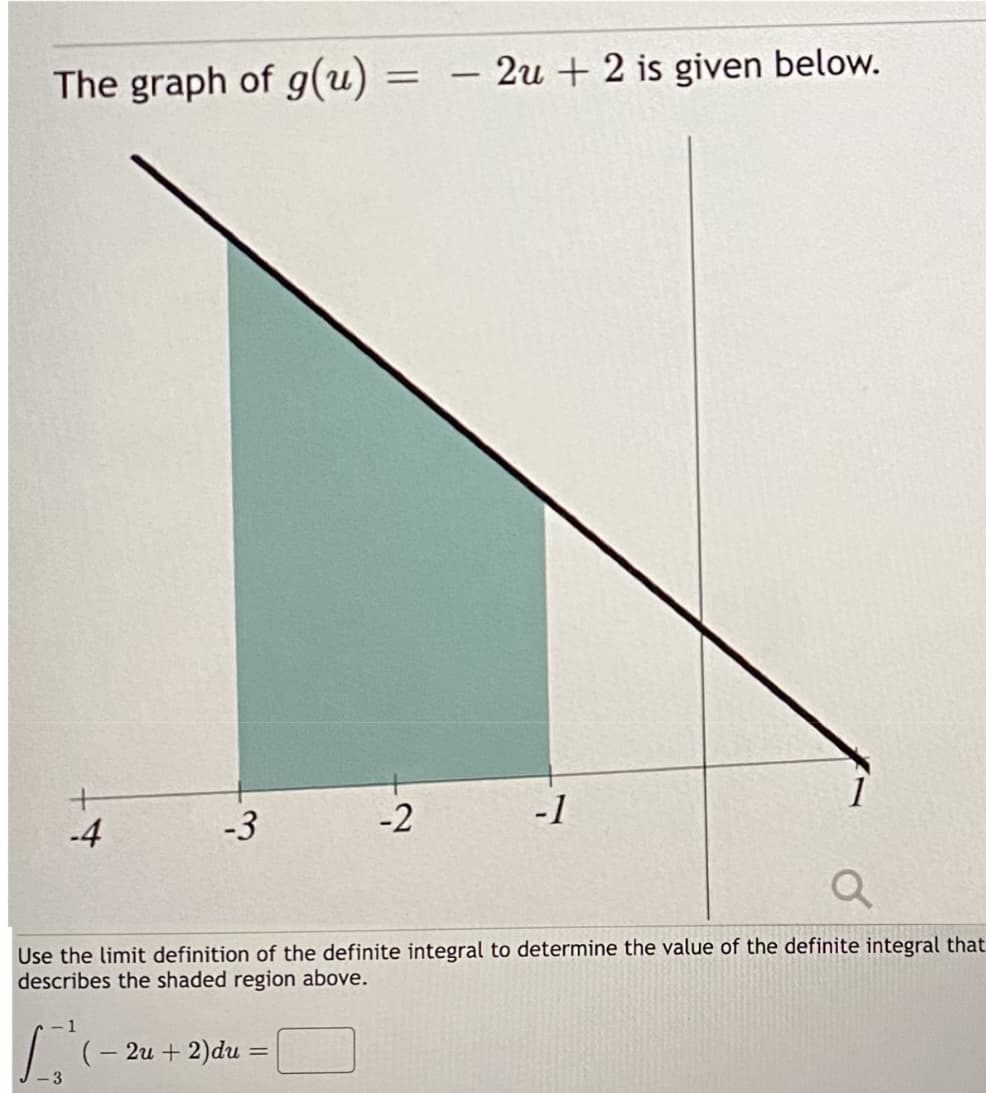 The graph of g(u) =
-4
-1
-3
-3
+
(-2u + 2)du =
-2
-
Q
Use the limit definition of the definite integral to determine the value of the definite integral that
describes the shaded region above.
2u+ 2 is given below.
-1