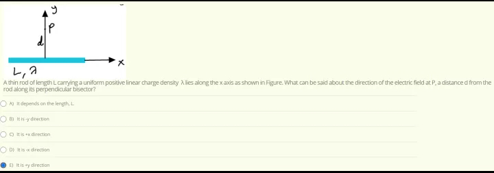 A thin rod of length Lcarying a uniform positive linear charge density A lies along the x axis as shown in Figure. What can be said about the direction of the electric field at P, a distance d from the
rod along its perpendicular bisector?
OAN t depends on the length, L.
O B) It is-y direction
OO tis x direction
O DI is x drection
O El It is ty direction
