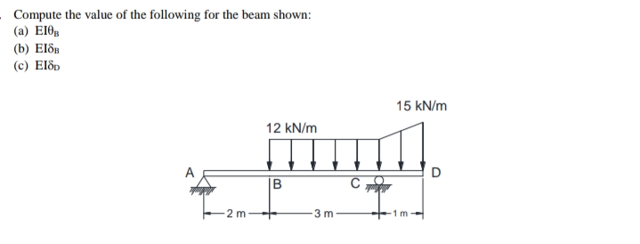 Compute the value of the following for the beam shown:
(a) EIO,
(b) El8
(c) El8p
15 kN/m
12 kN/m
B
2 m
3 m
