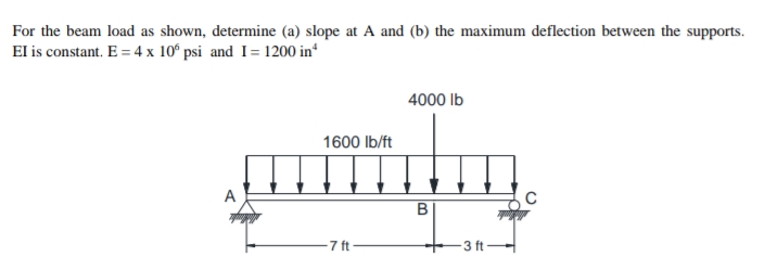 For the beam load as shown, determine (a) slope at A and (b) the maximum deflection between the supports.
El is constant. E = 4 x 10° psi and I= 1200 in
4000 lb
1600 Ib/ft
7 ft
3 ft
