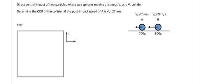 Direct central impact of two particles where two spheres moving at speeds V, and V, collide.
Determine the COR of the collision if the post-impact speed of A is V₁= 27 m/s.
L
FBD:
V₁-20m/s V₁-28m/s
A
B
700g
800g