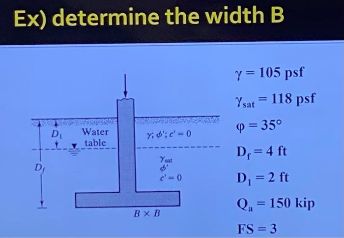 Ex) determine the width B
Dj
D₁
Water
table
Y; $'; c' = 0
Ysat
c'=0
BXB
Y = 105 psf
Ysat = 118 psf
9 = 35°
D₁ = 4 ft
D₁ = 2 ft
Q₁ = 150 kip
FS = 3