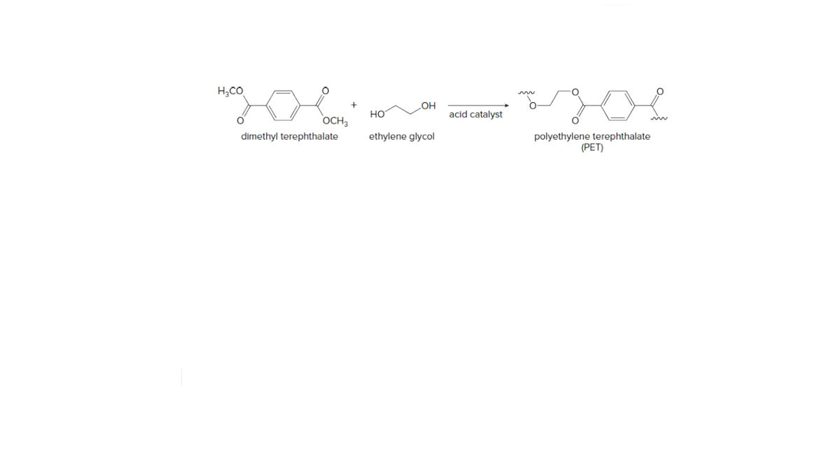 H;CO
HO
acid catalyst
iin
OCH3
dimethyl terephthalate
ethylene glycol
polyethylene terephthalate
(PET)
