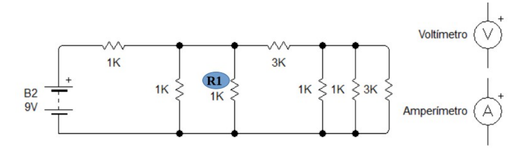 B2
9V
w
1K
1K
Voltímetro V
R1
1K
लै
3K
1K 1K 3K
Amperímetro A