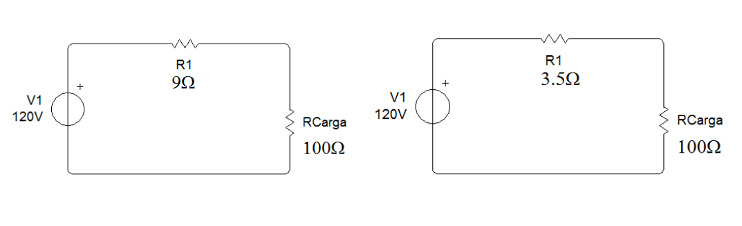 V1
120V
+
м
R1
99
RCarga
1000
120V
થૈ≤
R1
3.5Ω
RCarga
100Ω