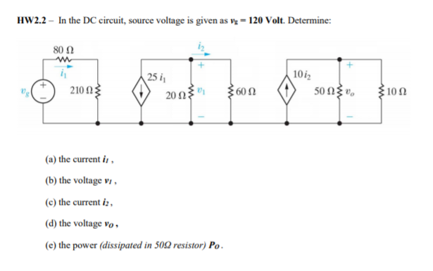 HW2.2 – In the DC circuit, source voltage is given as v = 120 Volt. Determine:
80 Ω
10iz
50 NŽ v.
25 i,
210 Ω
3602
3100
20Ω:
(a) the current i ,
(b) the voltage v/ ,
(c) the current iz,
(d) the voltage vo,
(e) the power (dissipated in 50Q resistor) Po .
