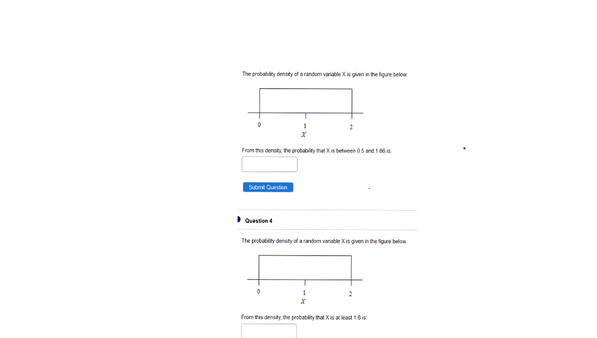 The probability density of a random variable X is given in the figure below.
1
From this density, the probability that X is between 05 and 1,66 is:
Submit Question
D Question 4
The probability density of a random variable X is given in the figure below.
1
From this density, the probability that X is at least 1.6 is:
