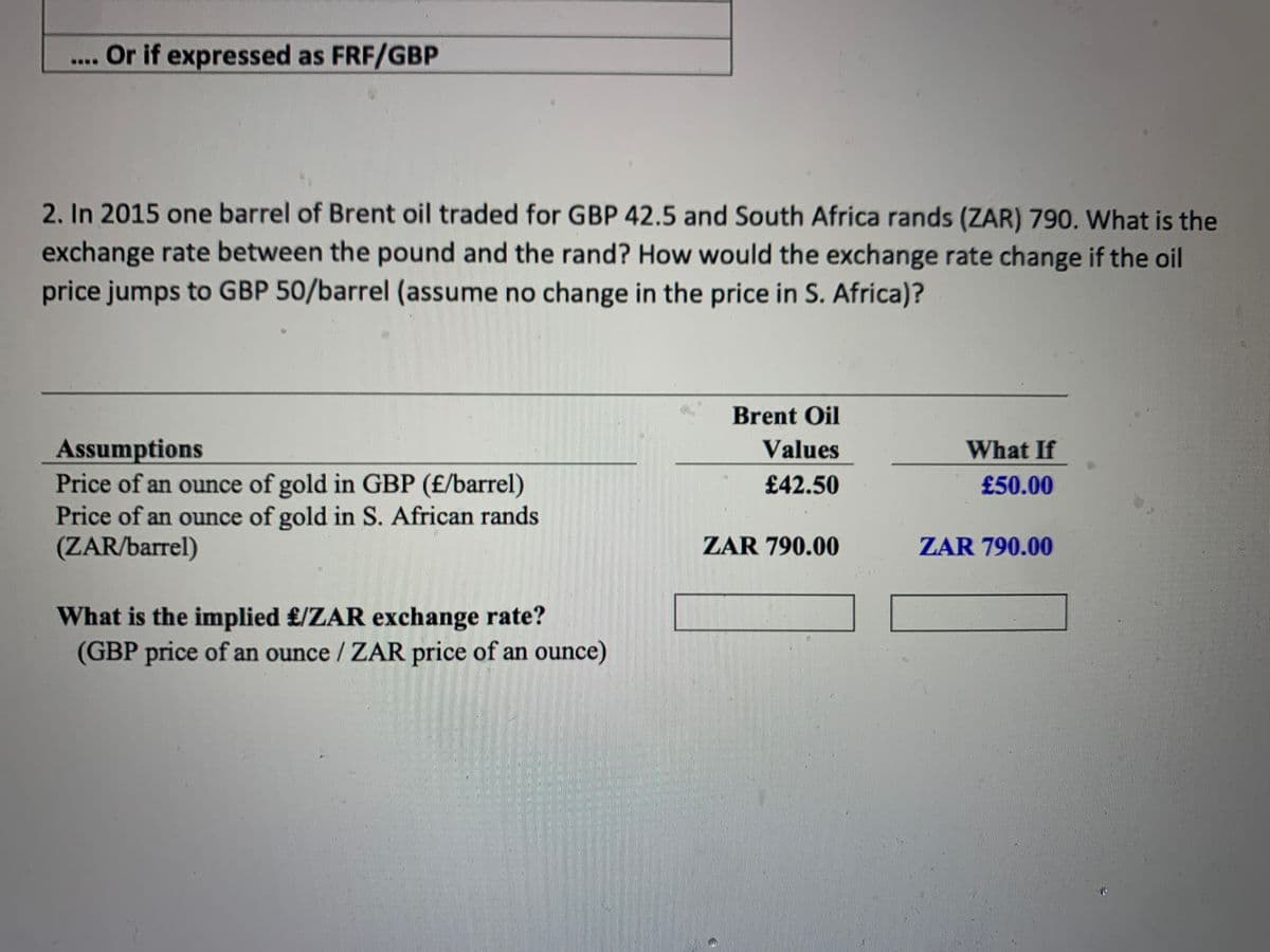 .... Or if expressed as FRF/GBP
2. In 2015 one barrel of Brent oil traded for GBP 42.5 and South Africa rands (ZAR) 790. What is the
exchange rate between the pound and the rand? How would the exchange rate change if the oil
price jumps to GBP 50/barrel (assume no change in the price in S. Africa)?
Assumptions
Price of an ounce of gold in GBP (£/barrel)
Price of an ounce of gold in S. African rands
(ZAR/barrel)
What is the implied £/ZAR exchange rate?
(GBP price of an ounce / ZAR price of an ounce)
Brent Oil
Values
£42.50
ZAR 790.00
What If
£50.00
ZAR 790.00