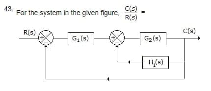 43.
For the system in the given figure,
R(S)
G₁ (s)
C(s)
R(S)
G₂ (s)
H,(s)
C(s)