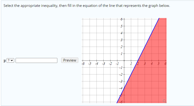 Select the appropriate inequality, then fill in the equation of the line that represents the graph below.
6+
5-
4-
2-
y ? v
Preview
-6 -5
-4
-3 -2 -1
4
5
-1
-2-
-3
-4,
