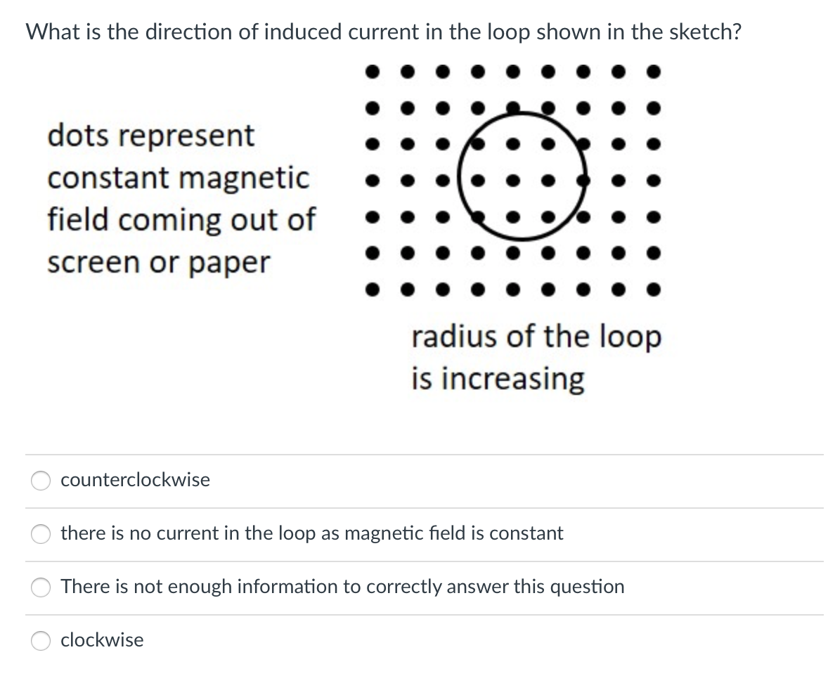 What is the direction of induced current in the loop shown in the sketch?
dots represent
constant magnetic
field coming out of
screen or paper
radius of the loop
is increasing
counterclockwise
there is no current in the loop as magnetic field is constant
There is not enough information to correctly answer this question
clockwise
