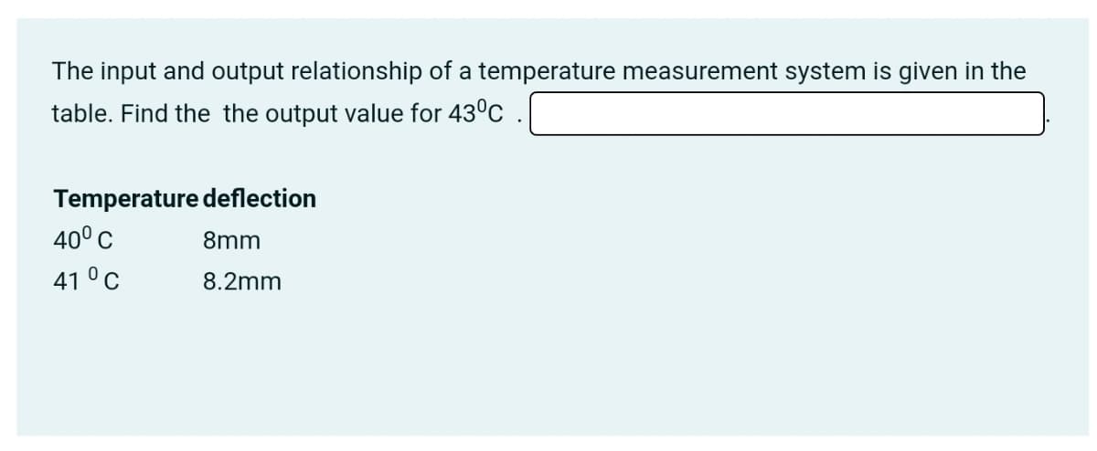 The input and output relationship of a temperature measurement system is given in the
table. Find the the output value for 43°c
Temperature deflection
40° C
8mm
41 °C
8.2mm
