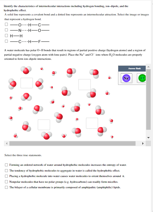 Identify the characteristics of intermolecular interactions including hydrogen bonding, ion-dipole, and the
hydrophobic effect.
A solid line represents a covalent bond and a dotted line represents an intermolecular attraction. Select the image or images
that represent a hydrogen bond.
-o----H-C-
-N----H-O
-
H-H
-C----H-F-
A water molecule has polar O-H bonds that result in regions of partial pasitive charge (hydrogen atoms) and a region of
partial negative charge (oxygen atom with lone pains). Place the Na* and CI ions where H,0 molecules are properly
oriented to form ion-dipole interactions.
Answer Bank
Select the three true statements.
Forming an ordered network of water around hydrophobic molecules increases the entropy of water.
The tendency of hydrophobic molecules to aggregate in water is called the hydrophobic effect.
Placing a hydrophobic molecule into water causes water molecules to orient themselves around it.
Nonpolar molecules that have no polar groups (e.g. hydrocarbons) can readily form micelles.
The bilayer of a cellular membranc is primarily composed of amphipathic (amphiphilic) lipids.
O O O O
