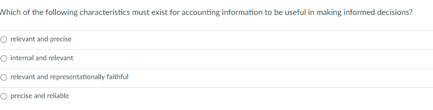 Which of the following characteristics must exist for accounting information to be useful in making informed decisions?
O relevant and precise
O internal and relevant
O relevant and representationally faithful
O precise and reliable
