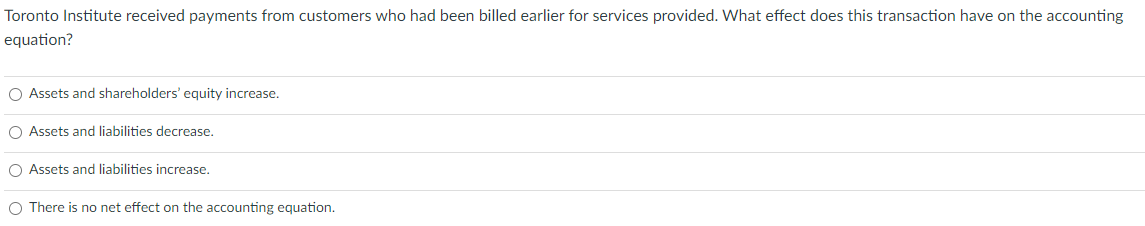 Toronto Institute received payments from customers who had been billed earlier for services provided. What effect does this transaction have on the accounting
equation?
O Assets and shareholders' equity increase.
O Assets and liabilities decrease.
O Assets and liabilities increase.
O There is no net effect on the accounting equation.
