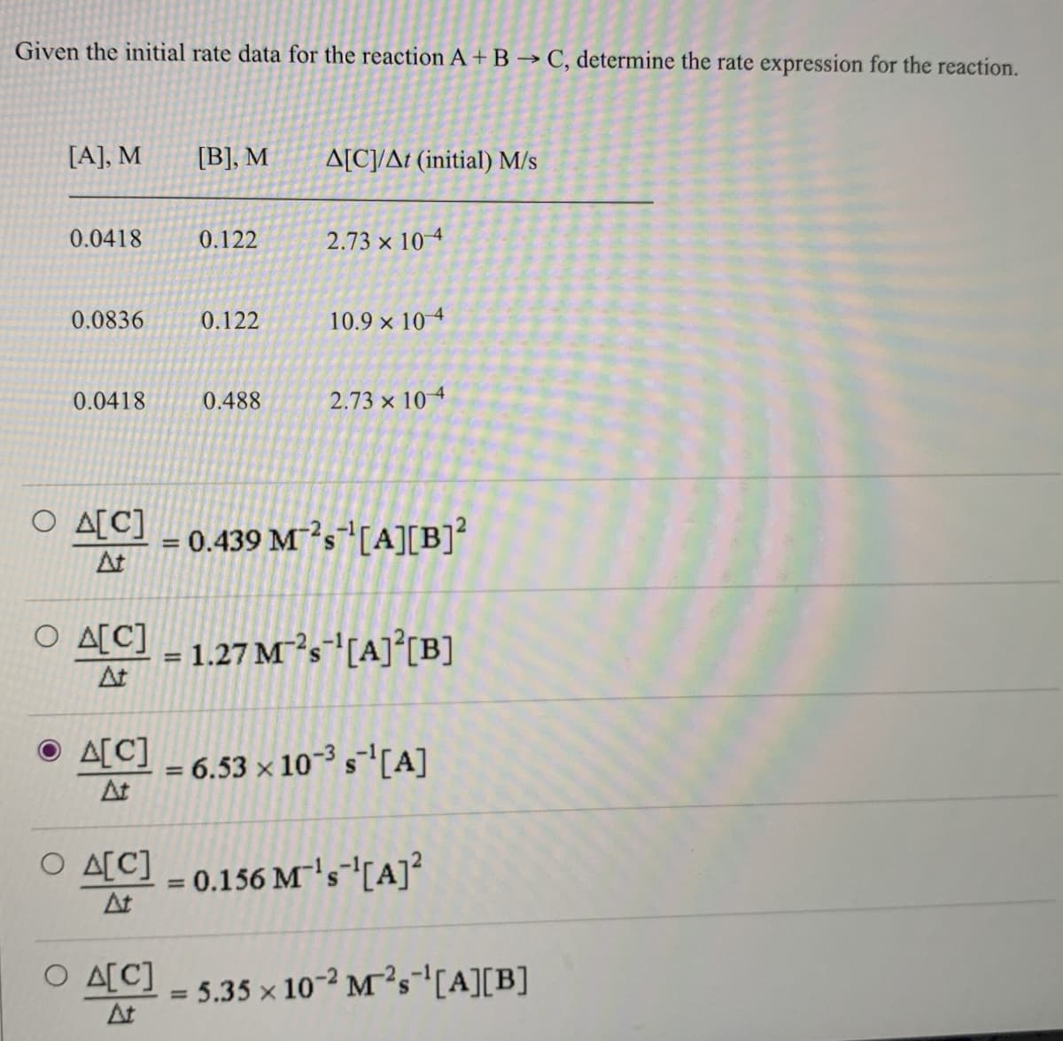 Given the initial rate data for the reaction A + B → C, determine the rate expression for the reaction.
[A], M
[B], M
A[C]/At (initial) M/s
0.0418
0.122
2.73 x 10-4
0.0836
0.122
10.9 × 10 4
0.0418
0.488
2.73 x 104
O A[C]
At
○ A[C]
ΔΙ
= 0.439 Ms[A][B]²
= 1.27 M²s¹ [A][B]
● A[C]
= 6.53 × 10³ s¹ [A]
At
O A[C] = 0.156 M's¹[A]²
At
○ A[C]
At
=
5.35 x 102 M2s[A][B]