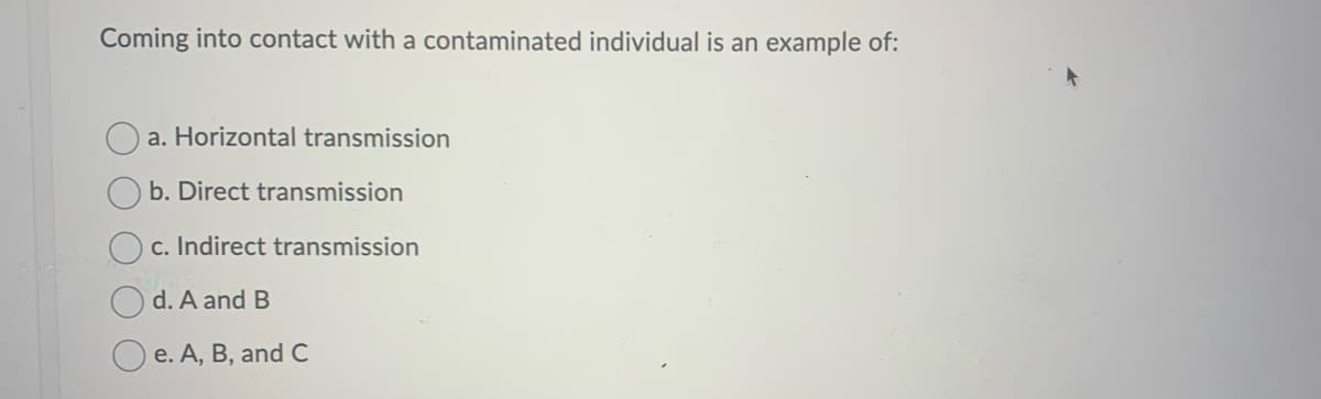 Coming into contact with a contaminated individual is an example of:
a. Horizontal transmission
b. Direct transmission
c. Indirect transmission
d. A and B
e. A, B, and C