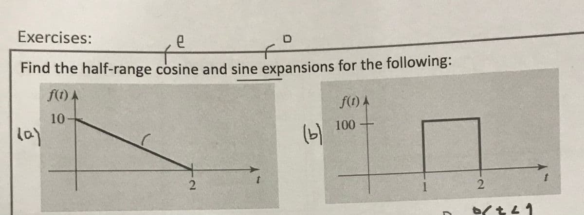 Exercises:
Find the half-range cosine and sine expansions for the following:
f(t) A
f(t) A
10
la)
(b)
100
1
2.
2.
