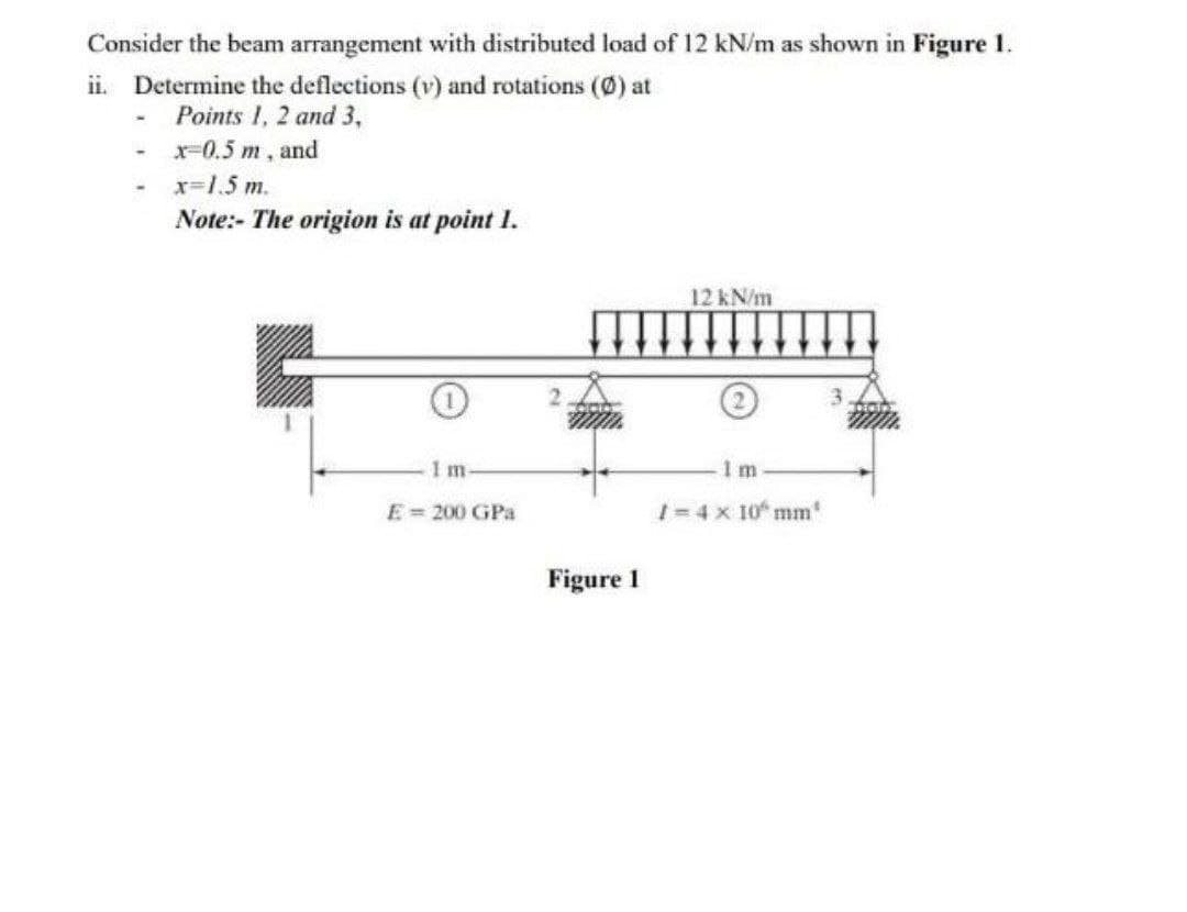 Consider the beam arrangement with distributed load of 12 kN/m as shown in Figure 1.
ii. Determine the deflections (v) and rotations (Ø) at
Points 1, 2 and 3,
x-0.5 m, and
x=1.5 m.
Note:- The origion is at point I.
12 kN/m
Im-
1 m
E= 200 GPa
1-4 x 10 mm'
Figure 1
