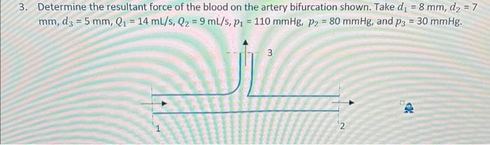 3. Determine the resultant force of the blood on the artery bifurcation shown. Take d₁ = 8 mm, d₂ = 7
mm, d3 = 5 mm, Q₁ = 14 ml/s, Q₂ = 9 ml/s, p₁ = 110 mmHg, p₂ = 80 mmHg, and p3 = 30 mmHg.
3
2