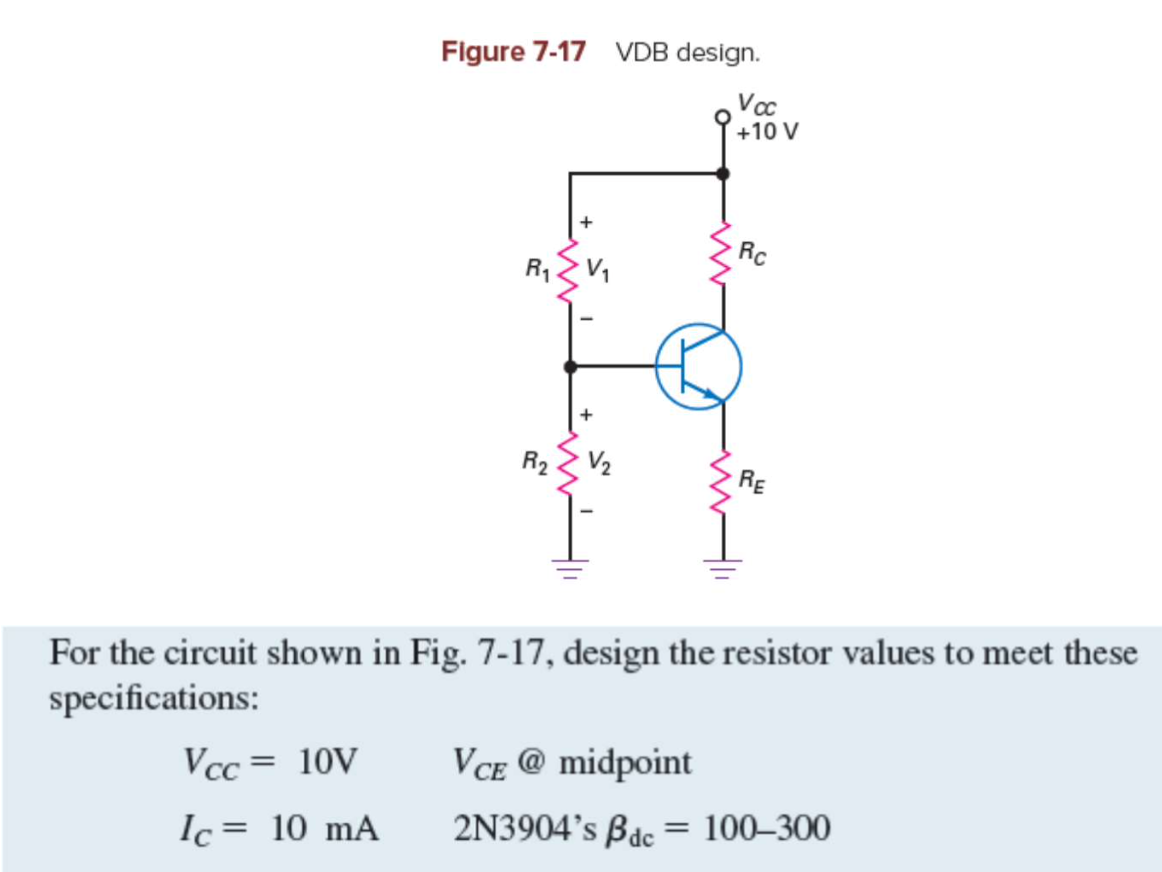 Figure 7-17 VDB design.
Vcc= 10V
Ic= 10 mA
R₁
R₂
Voc
+10 V
Rc
RE
For the circuit shown in Fig. 7-17, design the resistor values to meet these
specifications:
VCE @ midpoint
2N3904's Bdc = 100-300