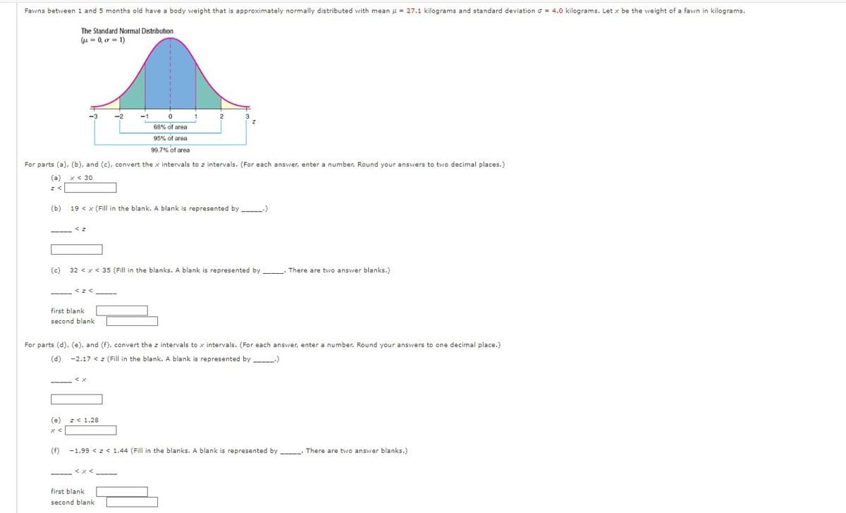 Fawns between 1 and 5 months old have a body weight that is approximately normally distributed with mean = 27.1 kilograms and standard deviation = 4.0 kilograms. Let x be the weight of a fawn in kilograms.
The Standard Normal Distribution
(u=0,o=1)
-3
68%
of area
95% of area
99.7% of area
first blank
second blank
2
For parts (a), (b), and (c), convert the x intervals to z intervals. (For each answer, enter a number. Round your answers to two decimal places.)
(a) x < 30
3
(b) 19 < x (Fill in the blank. A blank is represented by __________)
z 1.28
Z
(c) 32 < x < 35 (Fill in the blanks. A blank is represented by __________. There are two answer blanks.)
first blank
second blank
For parts (d), (e), and (f), convert the z intervals to x intervals. (For each answer, enter a number. Round your answers to one decimal place.)
(d) -2.17 < z (Fill in the blank. A blank is represented by___.)
-1.99 z 1.44 (Fill the blanks. A blank is represented by __________. There are two answer blanks.)