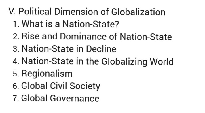 V. Political Dimension of Globalization
1. What is a Nation-State?
2. Rise and Dominance of Nation-State
3. Nation-State in Decline
4. Nation-State in the Globalizing World
5. Regionalism
6. Global Civil Society
7. Global Governance
