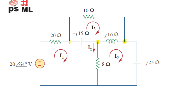 ps ML
10 Ω
ww
13
20 Ω
-j15Q
I₁
20/64° V
ww
8Ω
j16Q
m
15
-j25 Q