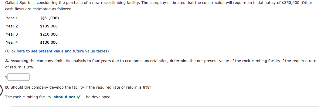 Gallant Sports is considering the purchase of a new rock-climbing facility. The company estimates that the construction will require an initial outlay of $350,000. Other
cash flows are estimated as follows:
Year 1
$(61,000)
Year 2
$139,000
Year 3
$210,000
Year 4
$130,000
(Click here to see present value and future value tables)
A. Assuming the company limits its analysis to four years due to economic uncertainties, determine the net present value of the rock-climbing facility if the required rate
of return is 8%.
B. Should the company develop the facility if the required rate of return is 8%?
The rock-climbing facility should not v
be developed.
