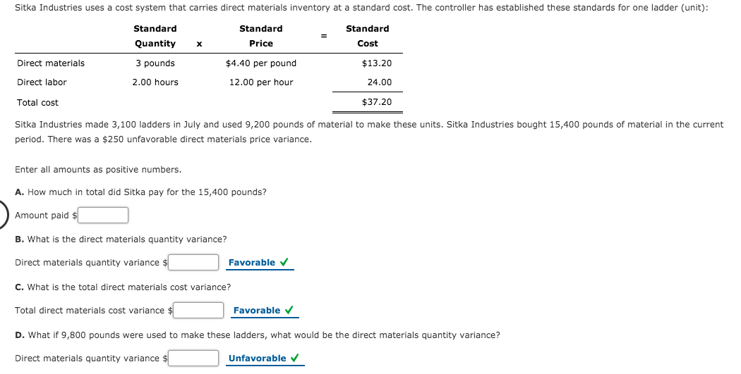 Sitka Industries uses a cost system that carries direct materials inventory at a standard cost. The controller has established these standards for one ladder (unit):
Standard
Standard
Standard
Quantity
Price
Cost
Direct materials
3 pounds
$4.40 per pound
$13.20
Direct labor
2.00 hours
12.00 per hour
24.00
Total cost
$37.20
Sitka Industries made 3,100 ladders in July and used 9,200 pounds of material to make these units. Sitka Industries bought 15,400 pounds of material in the current
period. There was a $250 unfavorable direct materials price variance.
Enter all amounts as positive numbers.
A. How much in total did Sitka pay for the 15,400 pounds?
Amount paid $
B. What is the direct materials quantity variance?
Direct materials quantity variance $
Favorable v
C. What is the total direct materials cost variance?
Total direct materials cost variance $
Favorable v
D. What if 9,800 pounds were used to make these ladders, what would be the direct materials quantity variance?
Direct materials quantity variance
Unfavorable v
