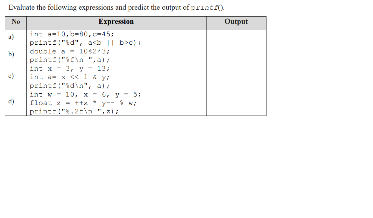 Evaluate the following expressions and predict the output of printf().
No
Expression
Output
int a=10,b=80,c=45;
printf("%d", a<b |[ b>c);
double a = 10%2*3;
printf("%f\n ",a);
int x %3D 3, у %3D 13;
int a= x << 1 & y;
a)
b)
c)
printf("%d\n", a);
int w = 10, x = 6, y =
5;
d)
y-- % w;
printf("%.2f\n ",z);
float z = ++x
