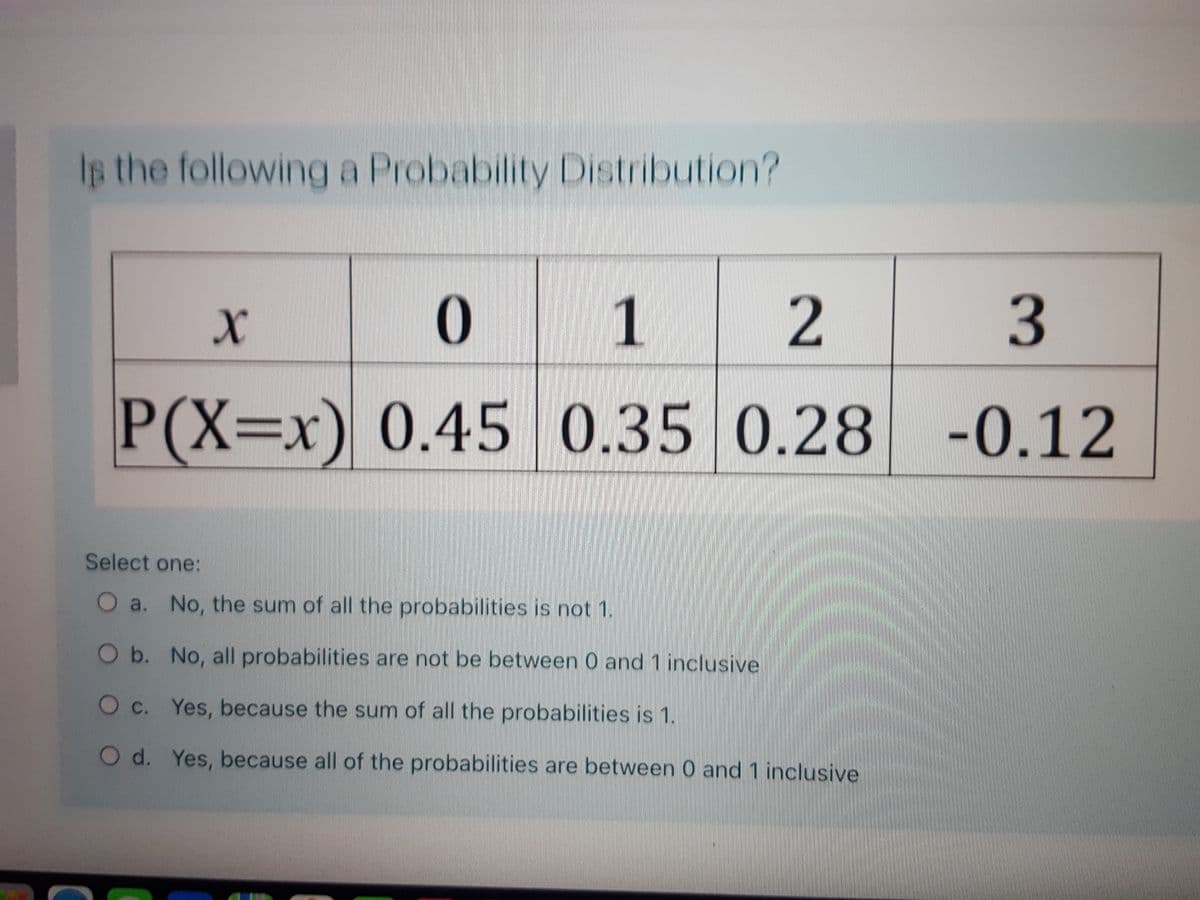 Is the following a Probability Distribution?
3
P(X=x) 0.45 0.35 0.28 -0.12
(%3Dx
Select one:
O a. No, the sum of all the probabilities is not 1.
Ob. No, all probabilities are not be between 0 and 1 inclusive
Oc. Yes, because the sum of all the probabilities is 1.
Od. Yes, because all of the probabilities are between 0 and 1 inclusive
