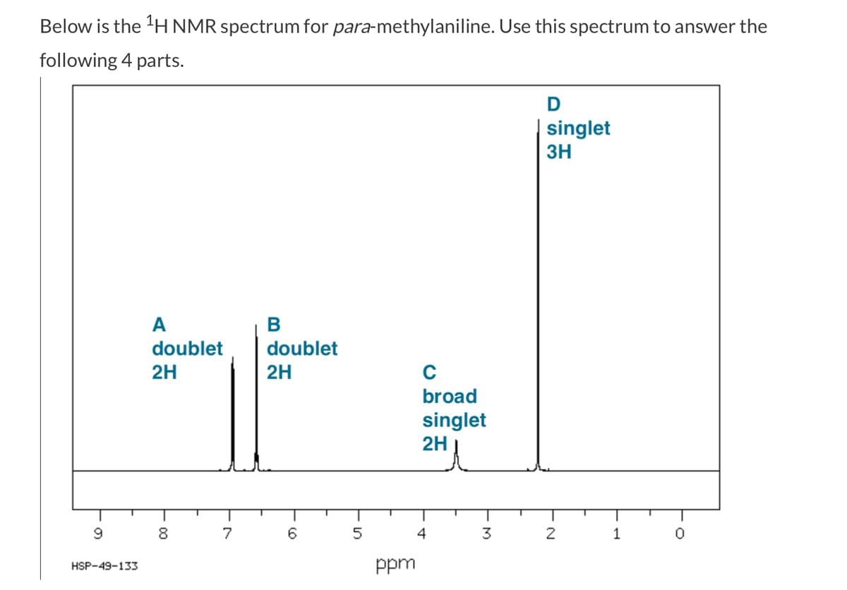 Below is the ¹H NMR spectrum for para-methylaniline. Use this spectrum to answer the
following 4 parts.
9
HSP-49-133
A
doublet
2H
00
8
7
B
doublet
2H
(0)
5
ppm
C
broad
singlet
2H
4
M
D
singlet
3H
N
1