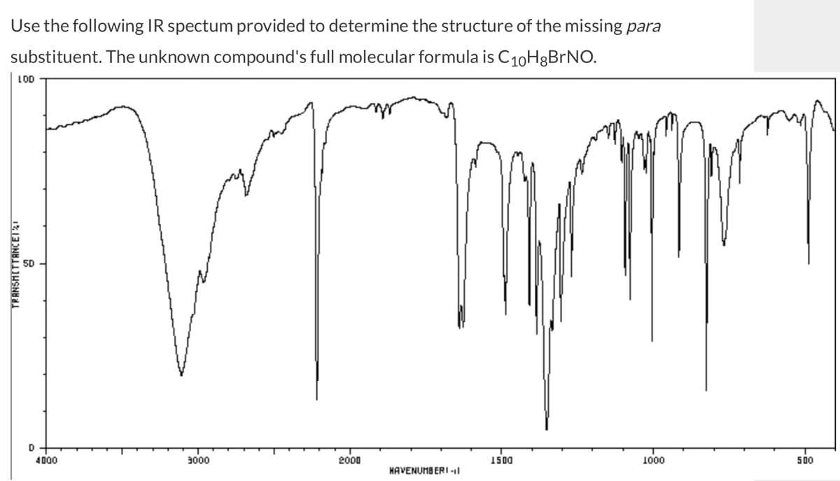 Use the following IR spectum provided to determine the structure of the missing para
substituent. The unknown compound's full molecular formula is C₁0H8BrNO.
LOD
TRANSMITTANCE1%
8
D
4000
Whmn
3000
2000
HAVENUMBERI-I
1500
1000
500