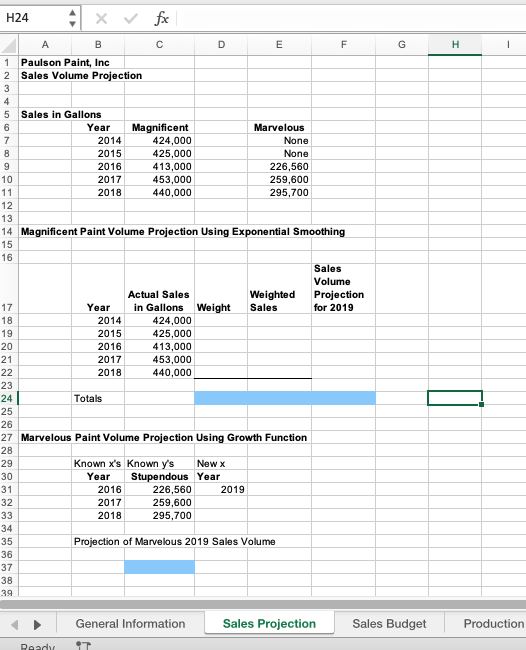 H24
A
B
1 Paulson Paint, Inc
234567
2 Sales Volume Projection
8
9
10
11
12
13
17
18
19
20
21
22
23
24
25
Sales in Gallons
36
37
38
39
Year
Ready
2014
2015
2016
2017
2018
Year
2014
2015
2016
2017
2018
Totals
14 Magnificent Pa tVolume Projection Using Exponential Smoothing
15
16
fx
с
iT
Magnificent
424,000
425,000
413,000
453,000
440,000
2016
2017
2018
424,000
425,000
413,000
453,000
440,000
D
Known x's Known y's
Year
26
27 Marvelous Paint Volume Projection Using Growth Function
28
29
30
31
32
33
34
35
Actual Sales
in Gallons Weight Sales
New x
Stupendous Year
General Information
E
Marvelous
None
None
226,560
259,600
295,700
226,560
259,600
295,700
Projection of Marvelous 2019 Sales Volume
2019
Weighted
F
Sales
Volume
Projection
for 2019
Sales Projection
G
Sales Budget
H
1
Production
