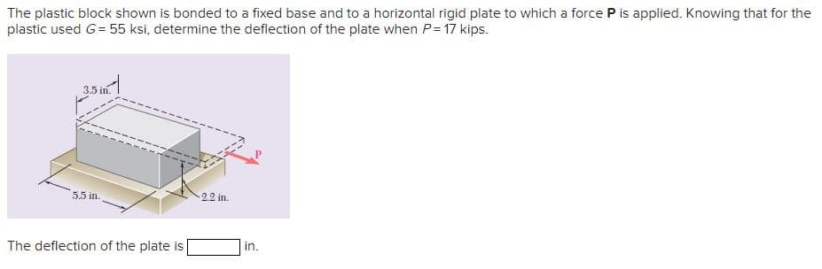 The plastic block shown is bonded to a fixed base and to a horizontal rigid plate to which a force P is applied. Knowing that for the
plastic used G = 55 ksi, determine the deflection of the plate when P= 17 kips.
3.5 in.
5.5 in.
The deflection of the plate is
2.2 in.
in.