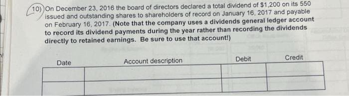 10) On December 23, 2016 the board of directors declared a total dividend of $1,200 on its 550
issued and outstanding shares to shareholders of record on January 16, 2017 and payable
on February 16, 2017. (Note that the company uses a dividends general ledger account
to record its dividend payments during the year rather than recording the dividends
directly to retained earnings. Be sure to use that account!)
Date
Account description
Debit
Credit