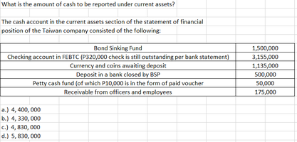 What is the amount of cash to be reported under current assets?
The cash account in the current assets section of the statement of financial
position of the Taiwan company consisted of the following:
Bond Sinking Fund
Checking account in FEBTC (P320,000 check is still outstanding per bank statement)
Currency and coins awaiting deposit
Deposit in a bank closed by BSP
Petty cash fund (of which P10,000 is in the form of paid voucher
Receivable from officers and employees
1,500,000
3,155,000
1,135,000
500,000
50,000
175,000
a.) 4, 400, 000
b.) 4, 330, 000
c.) 4, 830, 000
d.) 5, 830, 000
